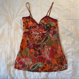 y2k xhilaration orange and brown paisley with sequined neck minidress